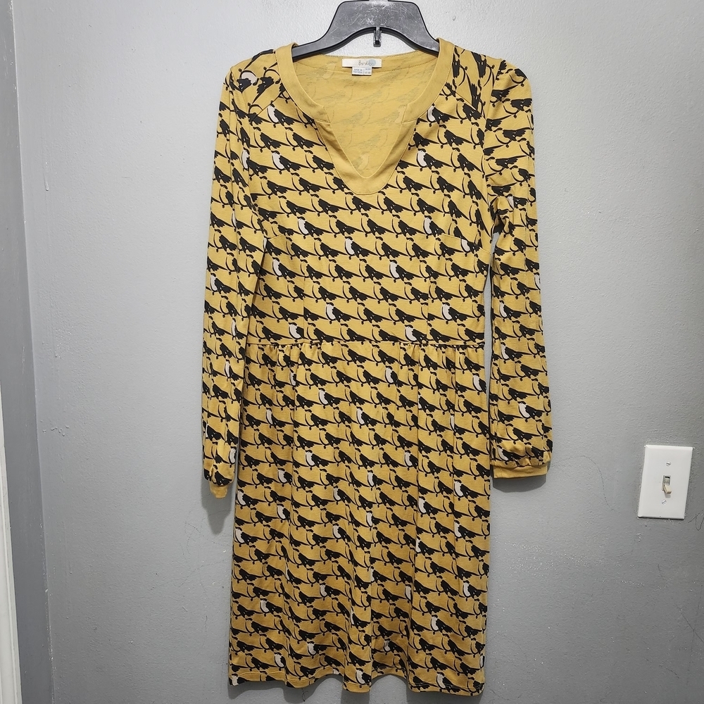 Boden Mustard and Black Novelty Print Birds Long Sleeve Dress Size 6